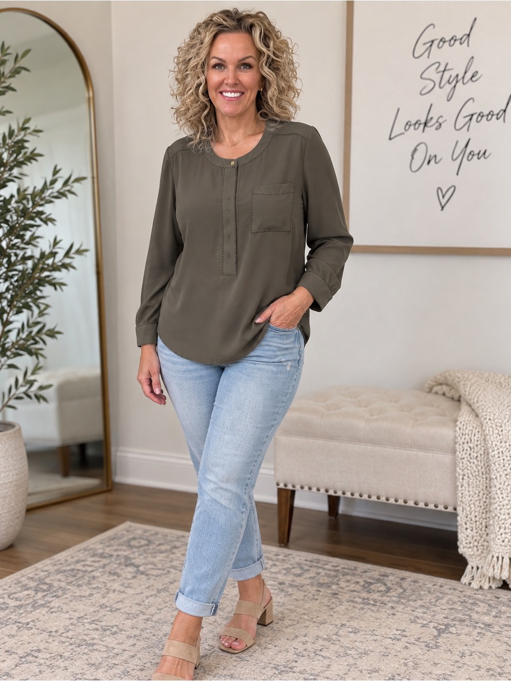 Lane Bryant Olive Green Long-Sleeve Henley Blouse